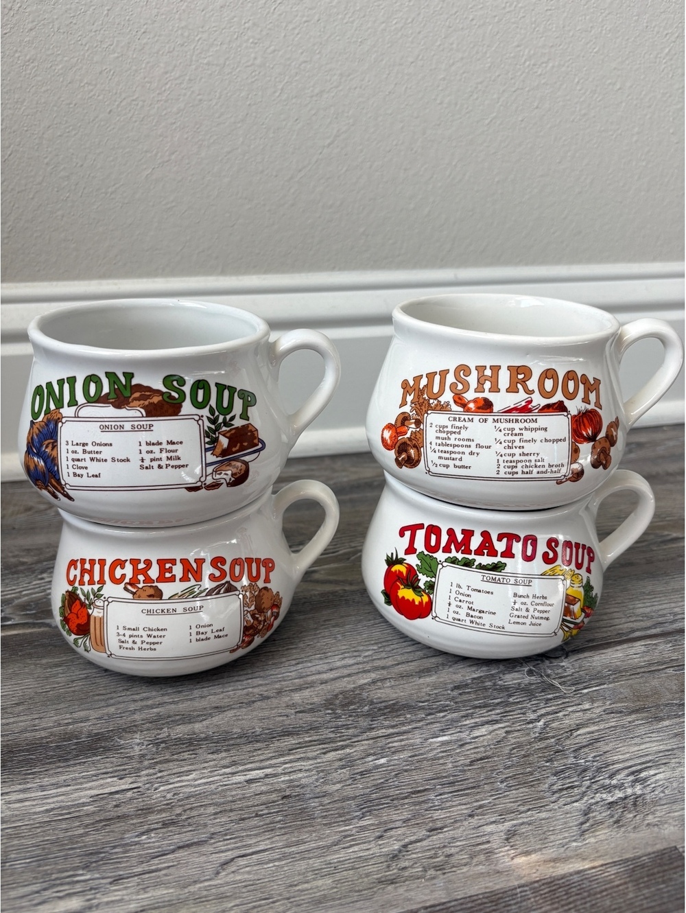 Vintage Recipe Soup Crock Bowls Set of 4 Handled Onion Tomato Chicken Mushroom